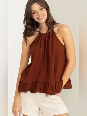 Women’s Ruffle-Hem Halter Top in Rust